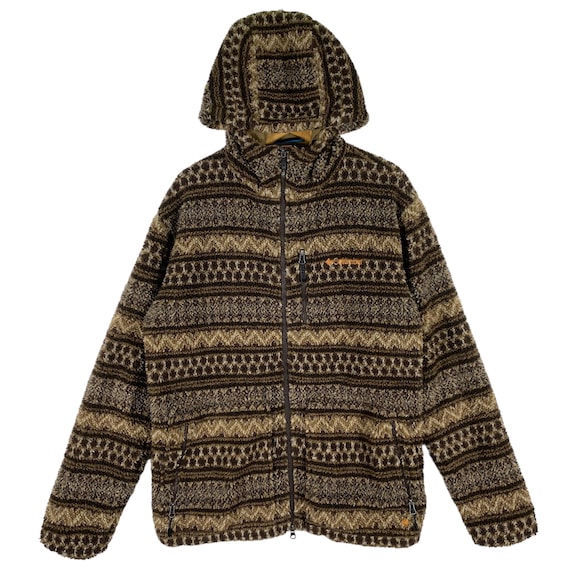 Vintage Columbia Fleece Sherpa Hoodie: Brown Patterned Zip Jacket
