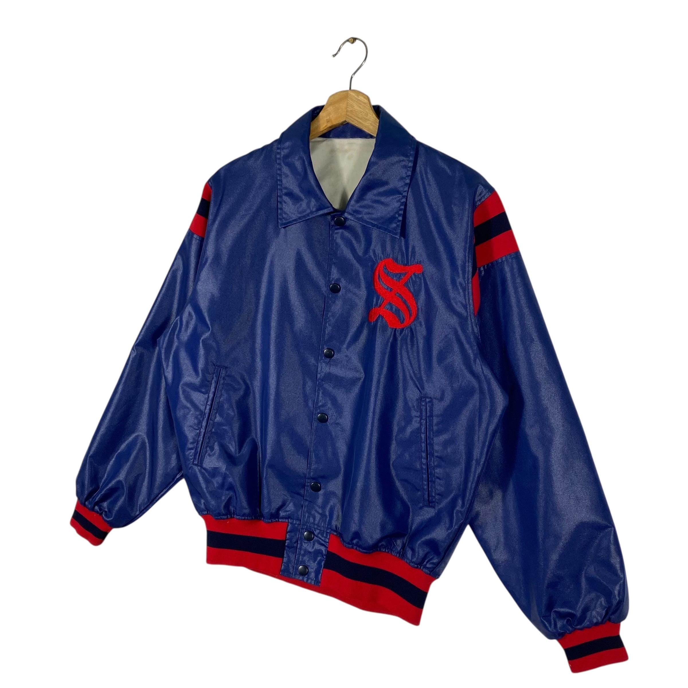Vintage Japanese Brand S Logo Satin Varsity Jacket L Size Navyblue