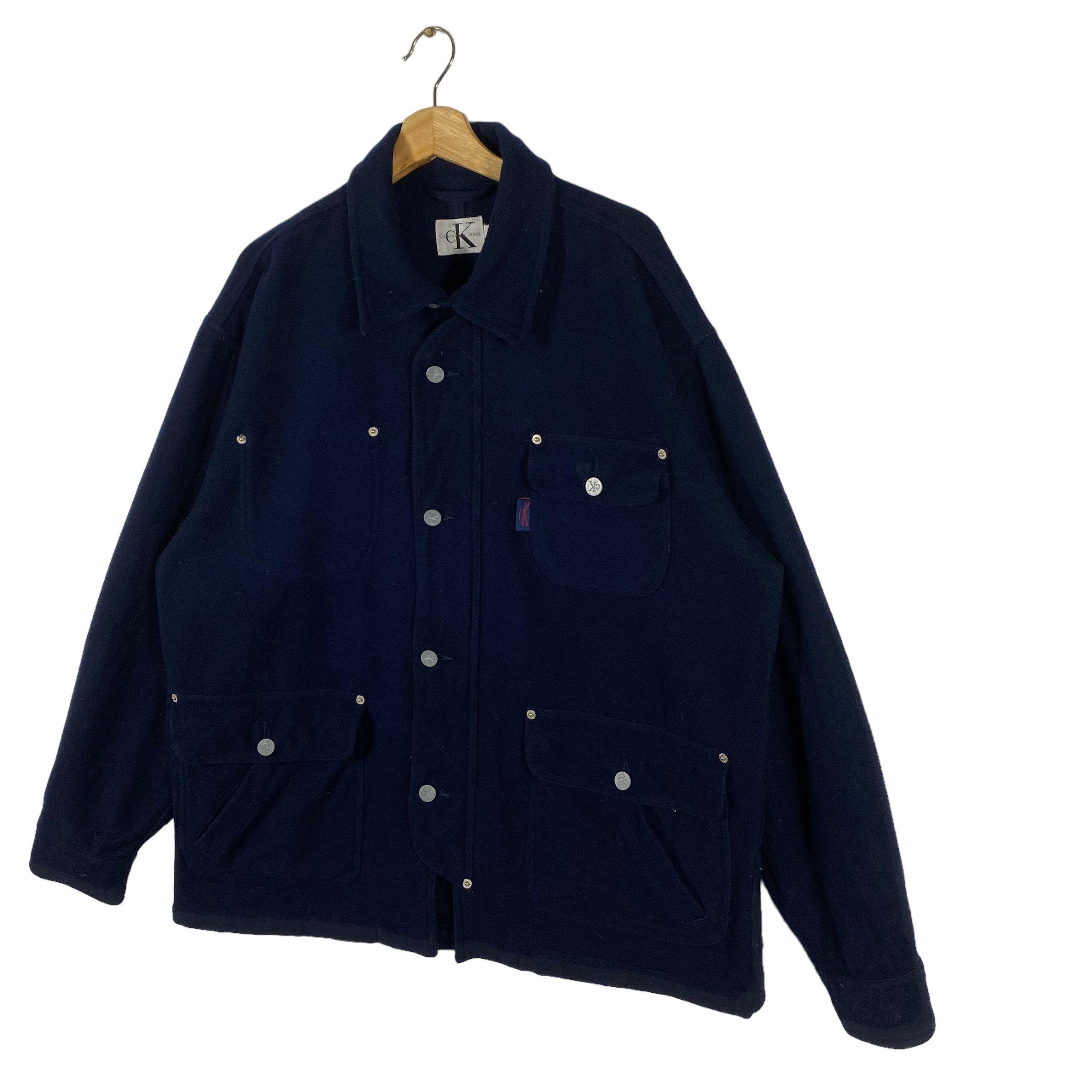 Vintage 90s Calvin Klein Jeans Wool Jacket - Navy Blue XL - Etsy