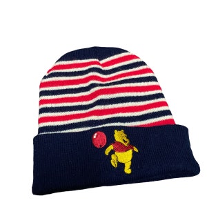 Vintage Pooh Disney Beanie Hat Stripe Colore blu navy/rosso