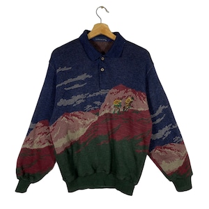 Vintage 90s Lou Graham Knit Half Button Sweatshirt M Size Colorblock