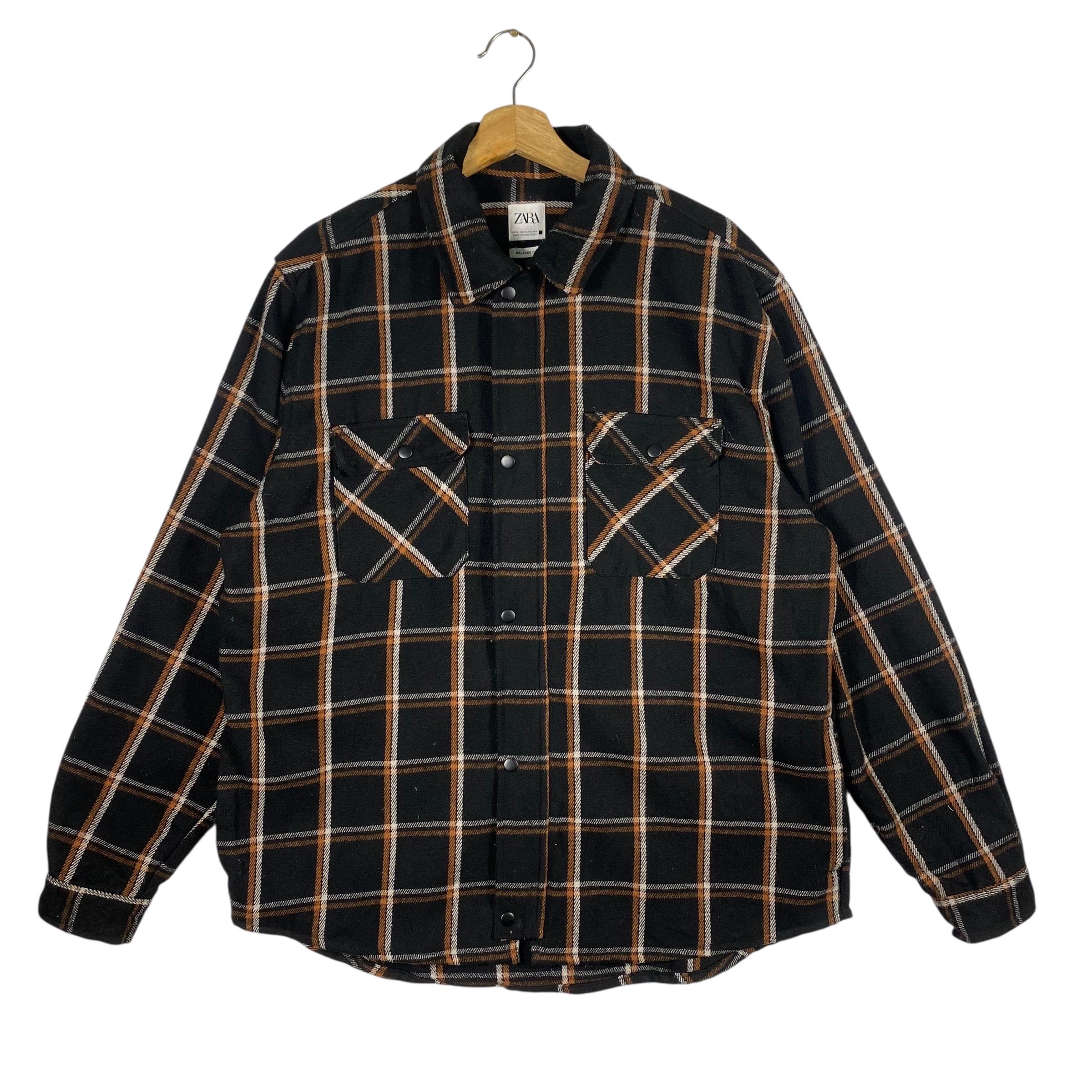 Zara リラックスチェック柄ウールジッパー/ボタンシャツジャケット XL