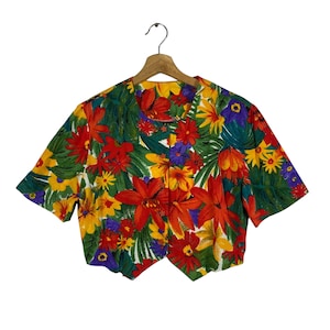 Vintage 80s Judy Knapp California Floral Button-Up Shirt Crop Top M Size