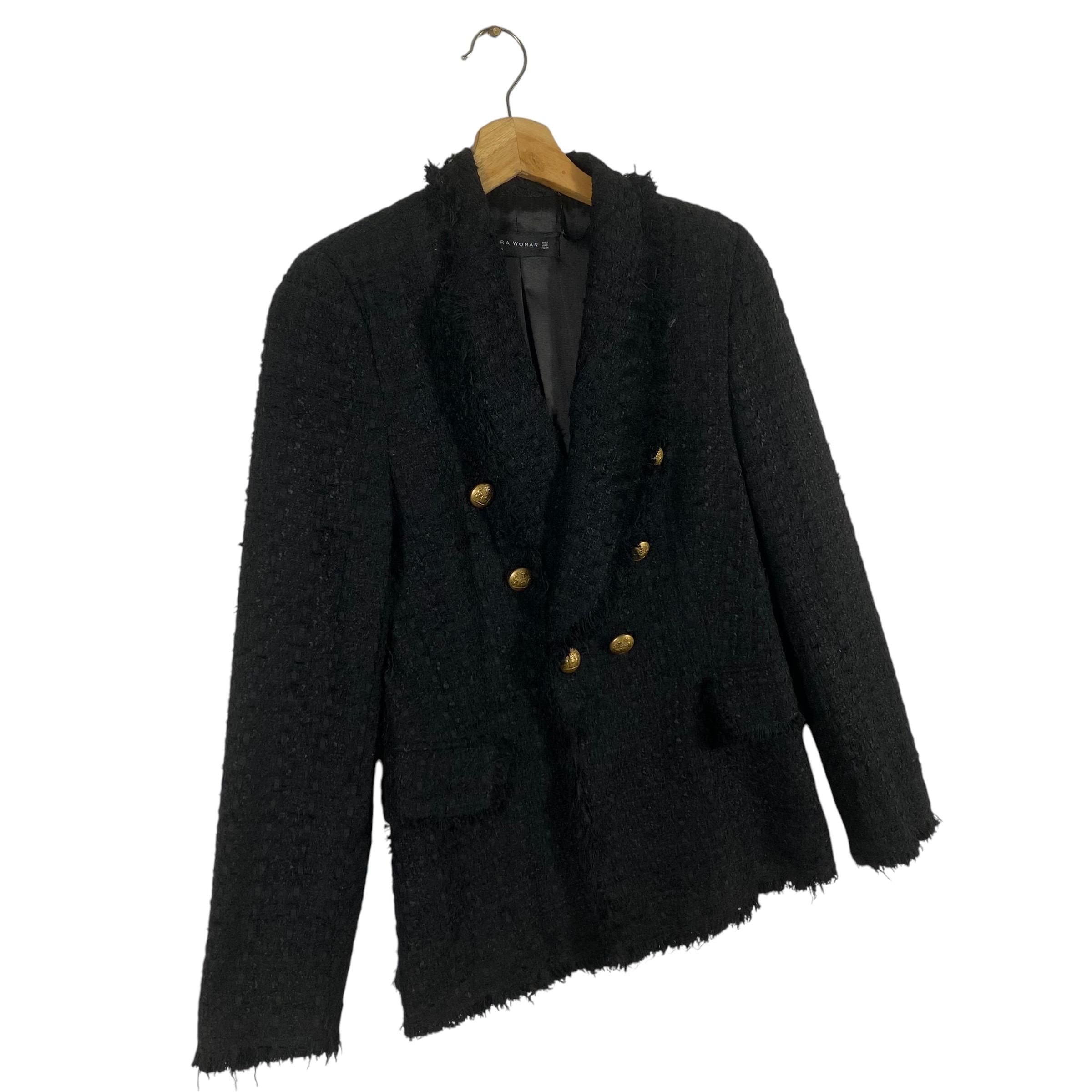 Zara Black Blazer Tweed Whit Gold Button Coat Jacket Wool Zara Black Blazer Tweed Whit Gold Button Coat Jacket Wool