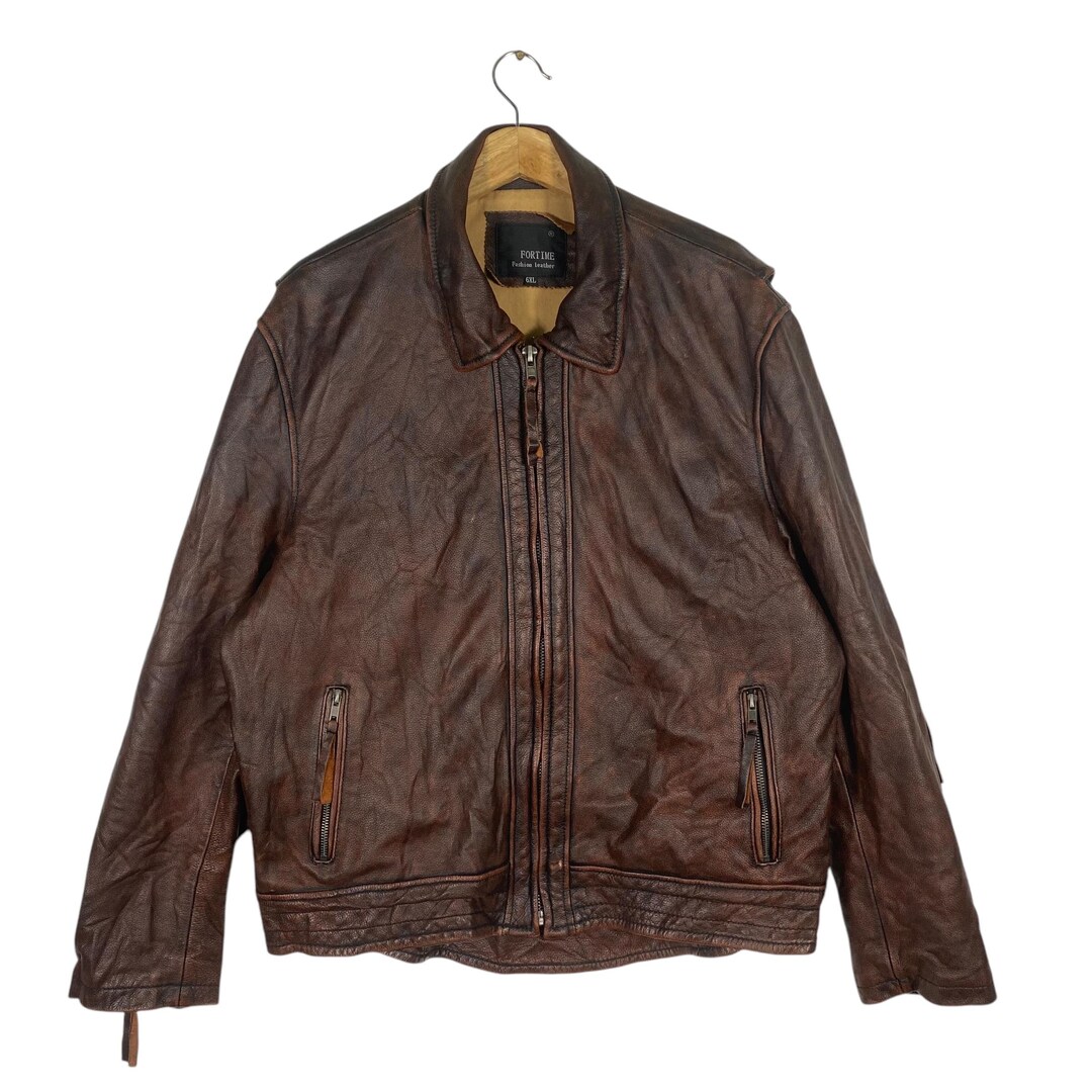Vintage Fortime Fashion Leather Zipper Jacket XL Size Brown Colour