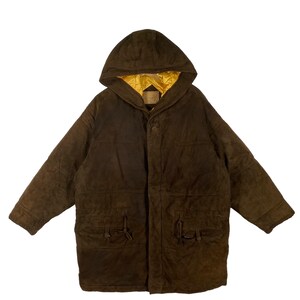 May include: A brown suede hooded jacket with a zipper closure and a drawstring at the waist. The jacket has a quilted lining and a gold lining on the hood.