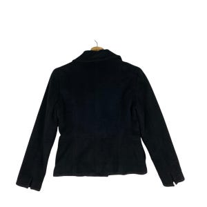 May include: A black peacoat with a classic collar and long sleeves. The coat has a fitted silhouette and a double-breasted closure.