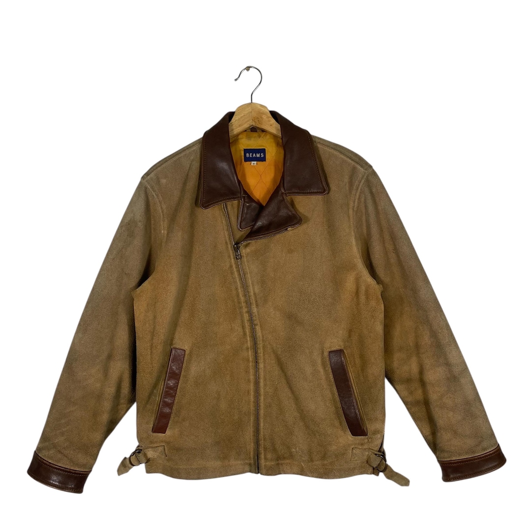 Vintage 90s Beams Suede Leather Zipper Jacket M Size Brown Colour