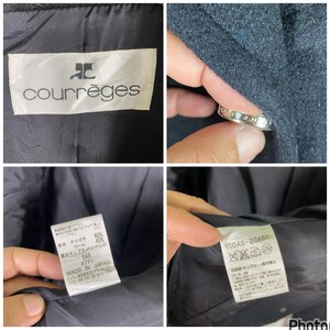 May include: Black wool coat with a Courr&egrave;ges label and a care tag with the text "ECDAS-20480". The tag also includes instructions for washing and dry cleaning the coat.
