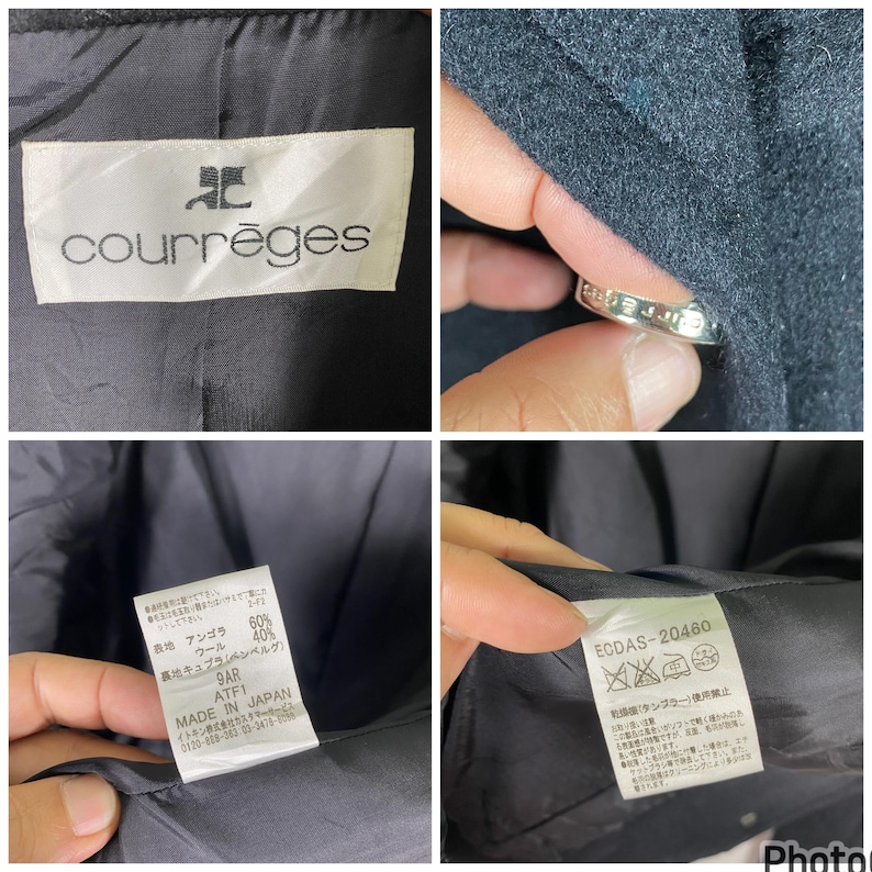 May include: Black wool coat with a Courr&egrave;ges label and a care tag with the text "ECDAS-20480". The tag also includes instructions for washing and dry cleaning the coat.