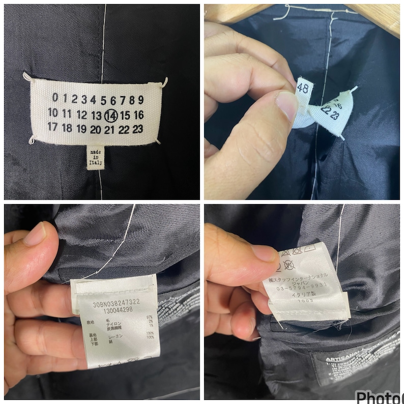May include: Black blazer with a white label that says "made in Italy" and has numbers 0-23 on it. The blazer also has a white label with the text "30BN038247322 130044298" and the composition of the fabric. There is another white label with Japanese text and the text "Staff International Japan 03-5794-9931 Italy 7003".