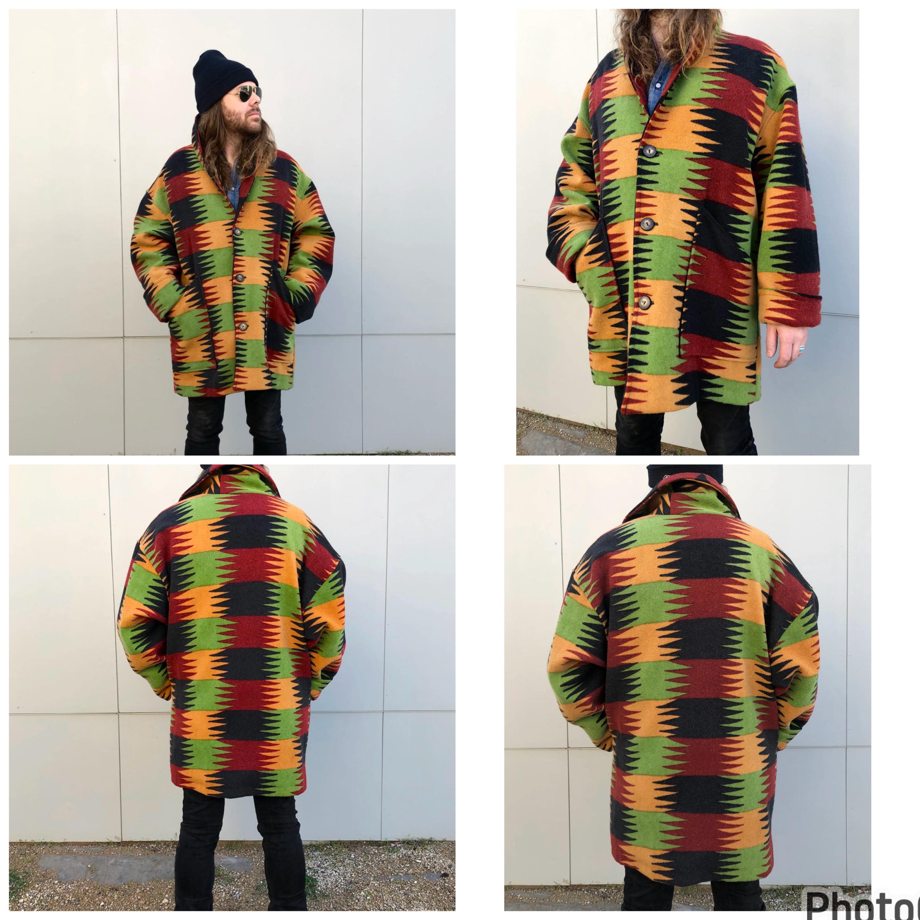 Vintage 80s Southwestern Blanket Wool Coat: Seppe Unisex Jacket (L