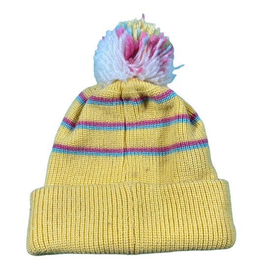 Vintage Snoopy Peanuts Orlon Acrylic Knit‎ Beanie Hat Pom Pom White Yellow USA VTG Snoopy Peanuts Beanie Hat Pom 1958 Winter Skiing Orlon  main image 3