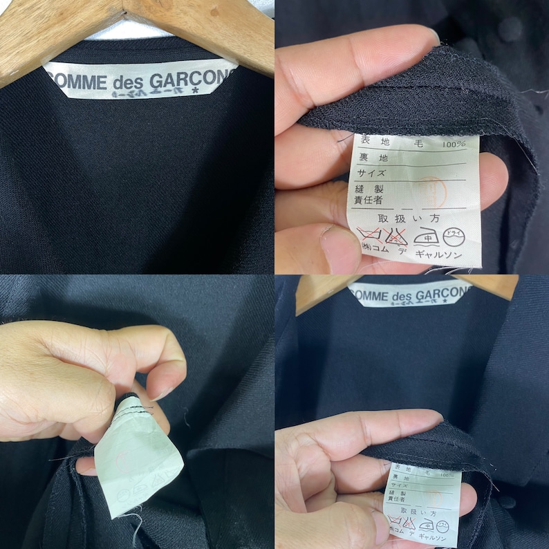 Puede incluir: Camisa negra de manga larga con una etiqueta blanca que dice "COMME des GARCON" y una etiqueta de cuidado blanca con instrucciones en japon&eacute;s.