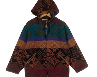 May include: A multi-colored hooded jacket with a zipper closure. The jacket features a geometric pattern with shades of brown, red, blue, green, and purple.