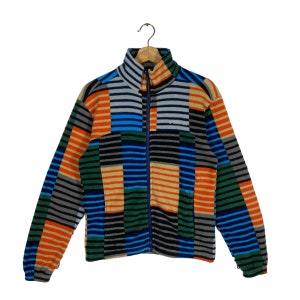 May include: A colorful striped fleece jacket with a zipper closure. The jacket features a geometric pattern in shades of orange, blue, green, black, and gray.