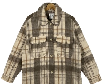 Zara Plaid Overshirt Shacket: Cream Brown Check, Size S (fits L
