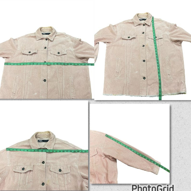 K&ouml;nnte beinhalten: Hellrosa Cordjacke mit Knopfleiste, zwei Brusttaschen und zwei Seitentaschen. Die Jacke hat einen Kragen und lange &Auml;rmel. Die Ma&szlig;e werden mit einem Ma&szlig;band angezeigt. Die Jacke ist ca. 71 cm breit.