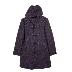 May include: A dark purple and white speckled hooded duffel coat with black toggle closures. The coat has a hood, two front pockets, and black leather trim. The coat is made of a textured fabric.