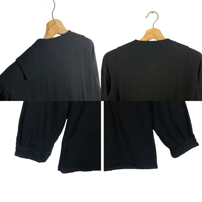 Puede incluir: Una blusa negra de manga corta con cuello y detalle fruncido en los hombros y los pu&ntilde;os. La blusa est&aacute; hecha de una tela suave y ligera.