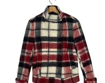 Vintage Zara Basic Wool Mohair Red Plaid Button Jacket S Size