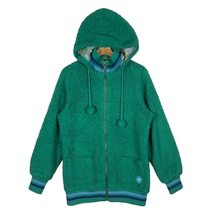 May include: A green fleece hooded jacket with a zip fastening and two pockets. The jacket has a blue and green striped trim at the bottom and cuffs.
