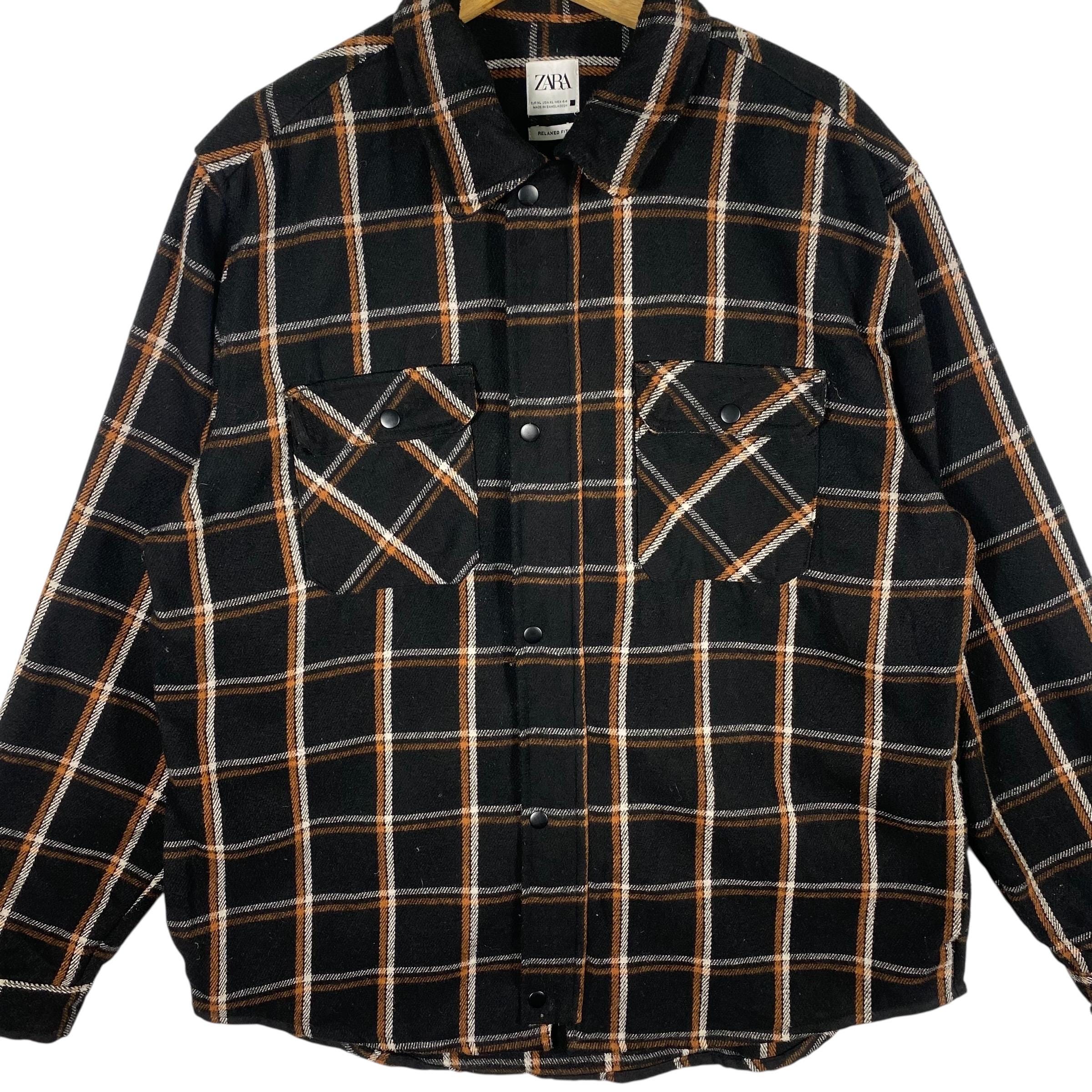 Zara リラックスチェック柄ウールジッパー/ボタンシャツジャケット XL