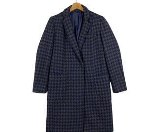 Abrigo largo vintage de lana con estampado de pata de gallo de Comme Ca Commune, talla S, color azul marino/gris