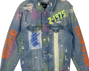★ZARA★ PAINT SPLATTER JACKET New Zara Splatter Military Patch Jacket M denim jeans coat