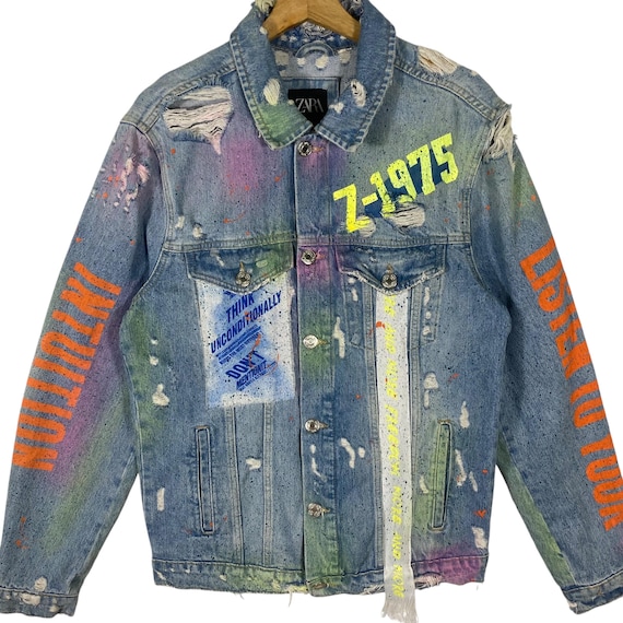 Zara Distressed Denim Trucker Painted Jacket M Size - Etsy Zara Distressed Denim Trucker Painted Jacket M Size - Etsy