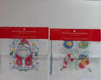 Multi-color Stamped Cross-stitch Christmas Sampler Pair NEW in package, Santa, Christmas Tree, Stocking, Mittens