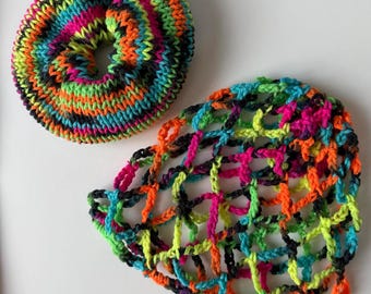 Glowing in UV Hair accessories Knitted Scrunchie | Crochet mesh Hat, neon multicolored, Burning Man