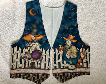 Vintage Happy Halloween Vest, Photo Props, Witch, Scarecrow, Ghosts, Pumpkins, Black Cat, Stars. Ready to wear.