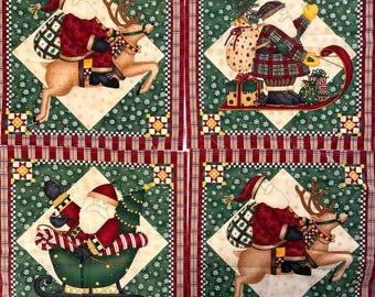 DEBBIE MUMM Christmas Fabric SANTA riding reindeer Santa on a sleigh Square Panel 13.5" square
