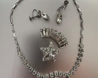 Vintage clear white rhinestones Jewelry, earrings, necklace, brooch