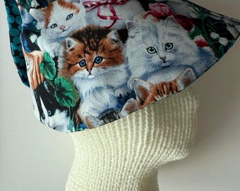 Hand sewn ready to wear Reversible Sun hat Panama for two Ponytails, Cats cotton fabric
