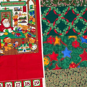 May include: A red fabric panel with a Christmas scene of Santa's workshop, featuring bears, toys, and a calendar with numbers 5 through 24. The panel is surrounded by other Christmas fabric panels with various patterns, including candy canes, wreaths, and ornaments.
