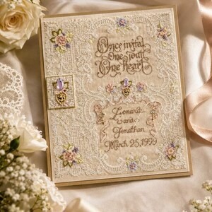 May include: A detailed, embroidered wedding invitation with the text "Once invited One soul One heart." The invitation features floral accents, the names "Leonard and Jonathan," and the date "March 25, 1999." The design is set against a cream-colored background.