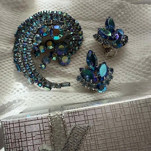 Blue Lagoon Sarah Coventry Clip on Earrings OR Blue AB Rhinestones Wave Brooch Pin, Aurora Borealis Crystals Silver Tone Costume jewelry