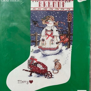 Snowlady Stocking counted cross stitch kit 50973, by Sandi Gore Evans, Candamar Designs 1997, vintage needlework set