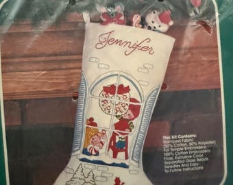 Window Dressing by Bucilla Counted Cross-stitch kit 82147 Christmas Heirloom Stitchery Stocking with Beading, 1980s, NIP