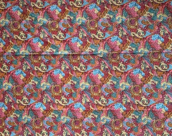 Cotton Fabric, Peter Pan, sewing notion, ornate leaves and flowers design, red/blue/pink