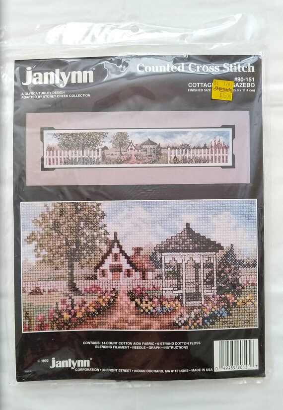 Counted Cross Stitch Kit Cottage and Gazebo by Janlynn 1993