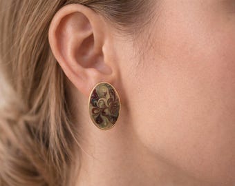 Retro Multi-Colored Enameled Swirl Design Earrings - Large Oval Post Earrings for Pierced Ears with Abstract Designs - Gift for Her