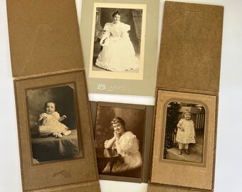 Antique Studio Photo & Cabinet Cards Young Ladies Toddlers Portraits Carte de Visite Formal Attire Scrapbook Junk Journal Ephemera