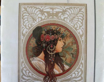 Rare Lanarte Mucha-Brunette Counted Cross Stitch Kit #34984 Alphonse Mucha Art Nouveau