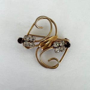 Antic Gold tone Floral Pin Brooch with clear AB and purple crystals, Vintage Jewelry Mid Century Mod