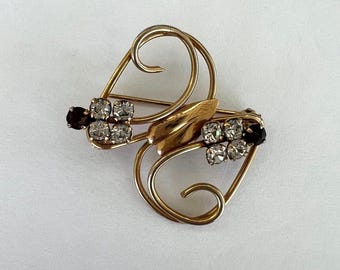 Antic Gold tone Floral Pin Brooch with clear AB and purple crystals, Vintage Jewelry Mid Century Mod