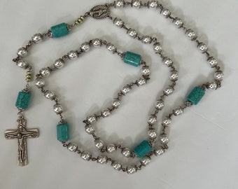 Vintage Rosary with Silver metal Cross and faux Pearls and Turquoise beads extralong OOAK necklace one of a kind