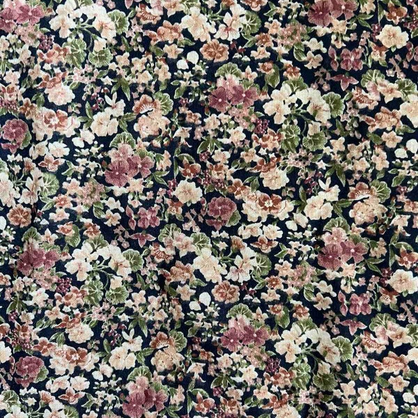 Vintage Floral Peter Pan fabric, pink flowers on black, thin fabric, sewing notion, sew summer dress, nostalgic print